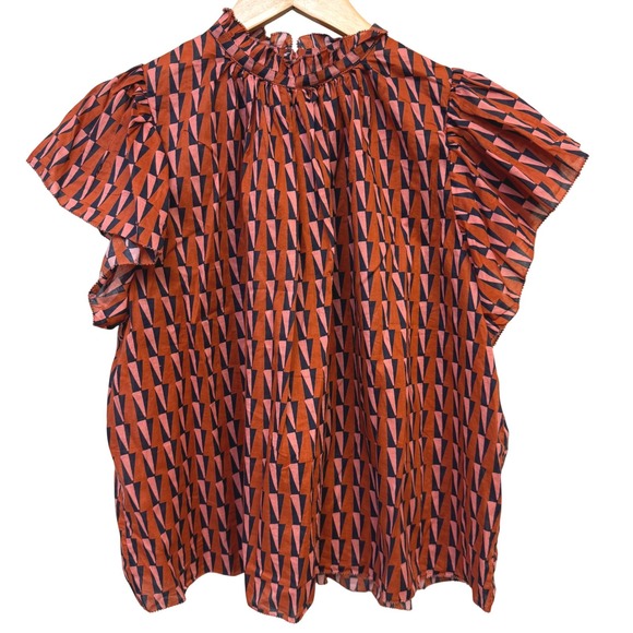 Birds of Paradis by Trovata Tops - Birds of Paradis by Trovata Top XS Orange Geometric Print Flutter Sleeve Blouse